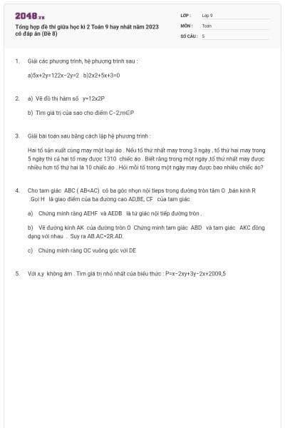 Tổng hợp đề thi giữa học kì 2 Toán 9 hay nhất năm 2023 có đáp án (Đề 8)