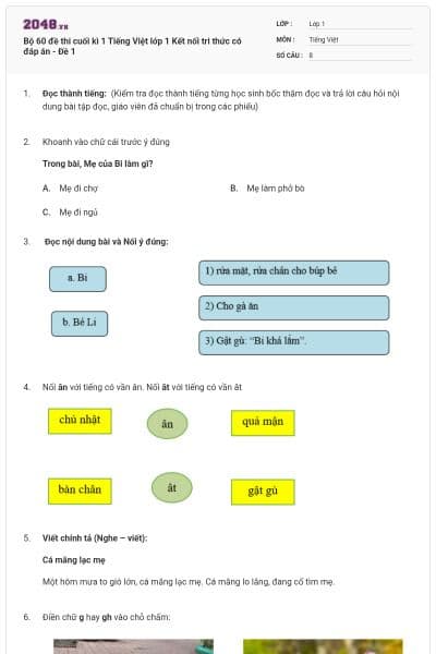 Bộ 60 đề thi cuối kì 1 Tiếng Việt lớp 1 Kết nối tri thức có đáp án - Đề 1