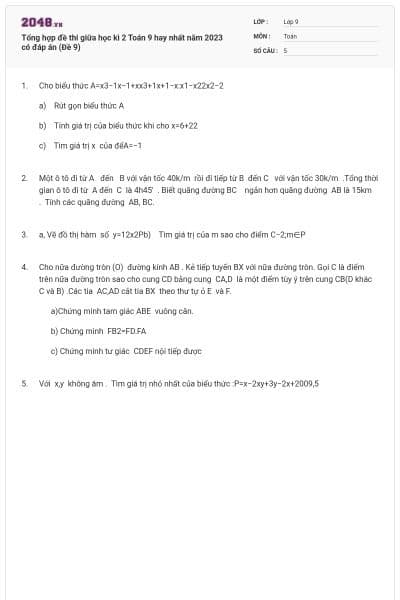 Tổng hợp đề thi giữa học kì 2 Toán 9 hay nhất năm 2023 có đáp án (Đề 9)