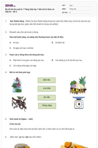 Bộ 60 đề thi cuối kì 1 Tiếng Việt lớp 1 Kết nối tri thức có đáp án - Đề 2