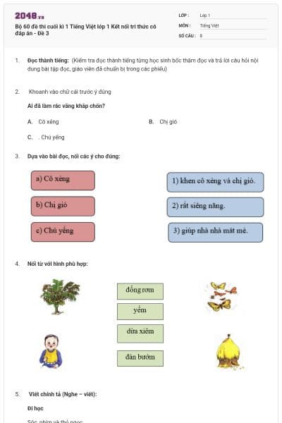 Bộ 60 đề thi cuối kì 1 Tiếng Việt lớp 1 Kết nối tri thức có đáp án - Đề 3