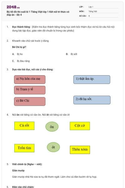 Bộ 60 đề thi cuối kì 1 Tiếng Việt lớp 1 Kết nối tri thức có đáp án - Đề 4