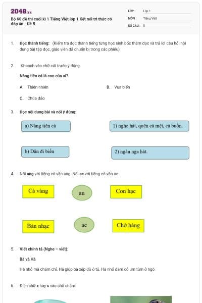 Bộ 60 đề thi cuối kì 1 Tiếng Việt lớp 1 Kết nối tri thức có đáp án - Đề 5