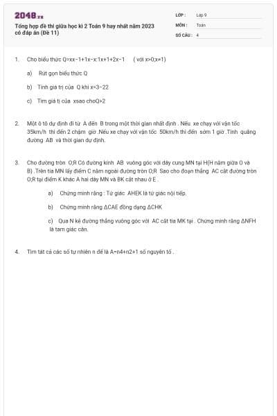 Tổng hợp đề thi giữa học kì 2 Toán 9 hay nhất năm 2023 có đáp án (Đề 11)