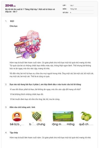 Bộ 60 đề thi cuối kì 1 Tiếng Việt lớp 1 Kết nối tri thức có đáp án - Đề 7