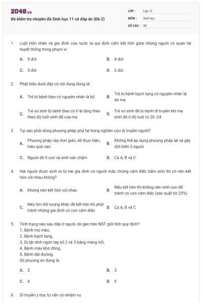 Đề kiểm tra chuyên đề Sinh học 11 có đáp án (Đề 2)