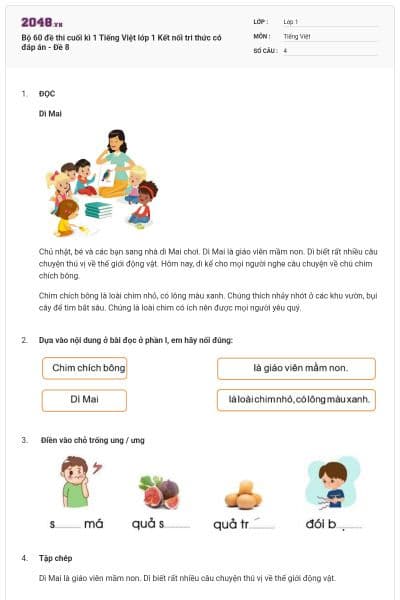 Bộ 60 đề thi cuối kì 1 Tiếng Việt lớp 1 Kết nối tri thức có đáp án - Đề 8