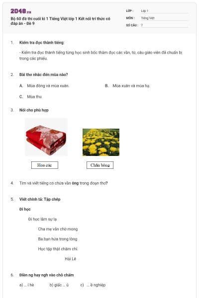 Bộ 60 đề thi cuối kì 1 Tiếng Việt lớp 1 Kết nối tri thức có đáp án - Đề 9