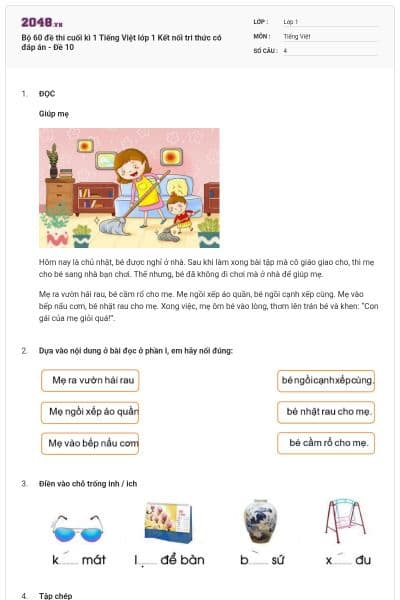 Bộ 60 đề thi cuối kì 1 Tiếng Việt lớp 1 Kết nối tri thức có đáp án - Đề 10