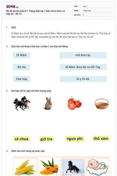 Bộ 60 đề thi cuối kì 1 Tiếng Việt lớp 1 Kết nối tri thức có đáp án - Đề 12