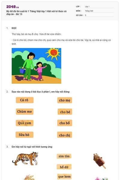 Bộ 60 đề thi cuối kì 1 Tiếng Việt lớp 1 Kết nối tri thức có đáp án - Đề 13