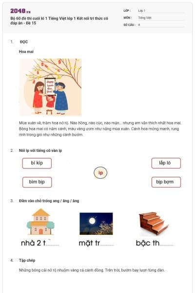 Bộ 60 đề thi cuối kì 1 Tiếng Việt lớp 1 Kết nối tri thức có đáp án - Đề 15