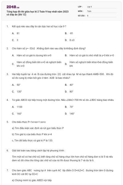 Tổng hợp đề thi giữa học kì 2 Toán 9 hay nhất năm 2023 có đáp án (Đề 12)