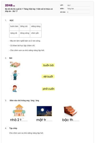 Bộ 60 đề thi cuối kì 1 Tiếng Việt lớp 1 Kết nối tri thức có đáp án - Đề 17