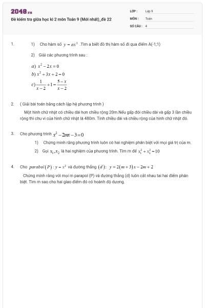 Đề kiểm tra giữa học kì 2 môn Toán 9 (Mới nhất)_đề 22