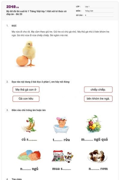 Bộ 60 đề thi cuối kì 1 Tiếng Việt lớp 1 Kết nối tri thức có đáp án - Đề 20