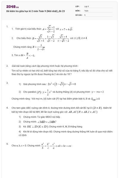 Đề kiểm tra giữa học kì 2 môn Toán 9 (Mới nhất)_đề 23