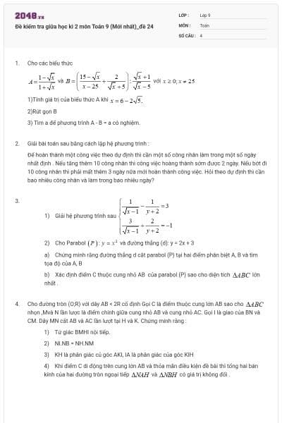 Đề kiểm tra giữa học kì 2 môn Toán 9 (Mới nhất)_đề 24