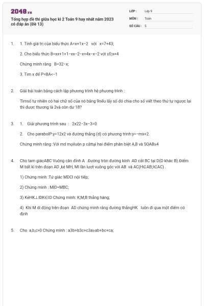 Tổng hợp đề thi giữa học kì 2 Toán 9 hay nhất năm 2023 có đáp án (Đề 13)
