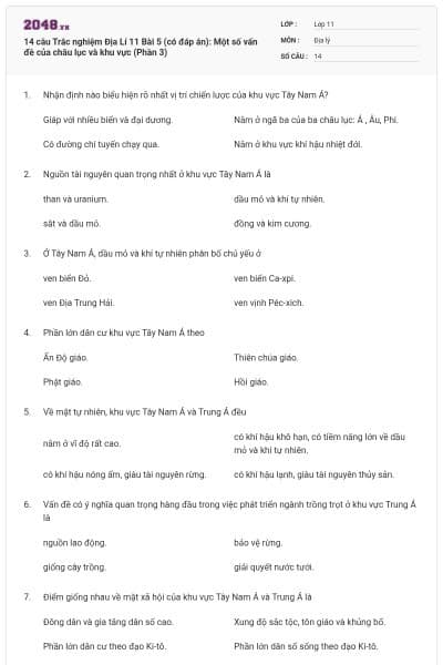 14 câu  Trắc nghiệm Địa Lí 11 Bài 5 (có đáp án): Một số vấn đề của châu lục và khu vực (Phần 3)