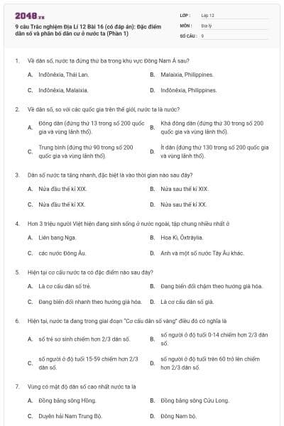 9 câu Trắc nghiệm Địa Lí 12 Bài 16 (có đáp án): Đặc điểm dân số và phân bố dân cư ở nước ta (Phần 1)