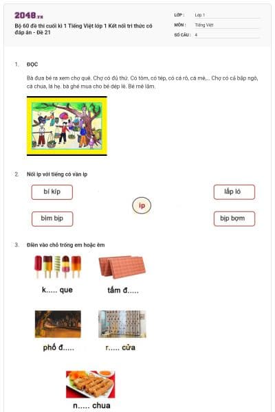 Bộ 60 đề thi cuối kì 1 Tiếng Việt lớp 1 Kết nối tri thức có đáp án - Đề 21