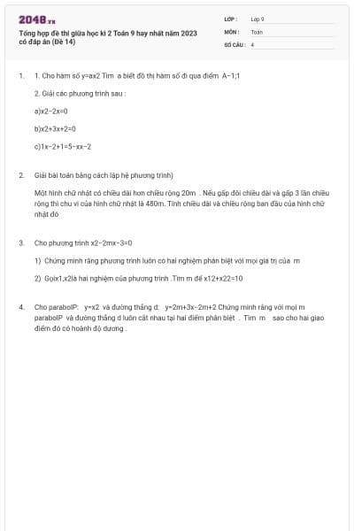 Tổng hợp đề thi giữa học kì 2 Toán 9 hay nhất năm 2023 có đáp án (Đề 14)