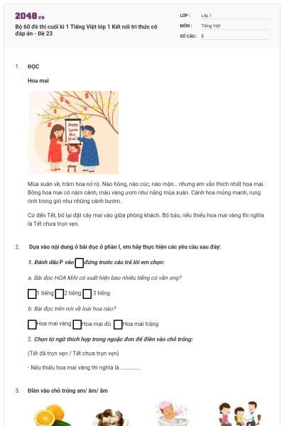 Bộ 60 đề thi cuối kì 1 Tiếng Việt lớp 1 Kết nối tri thức có đáp án - Đề 23