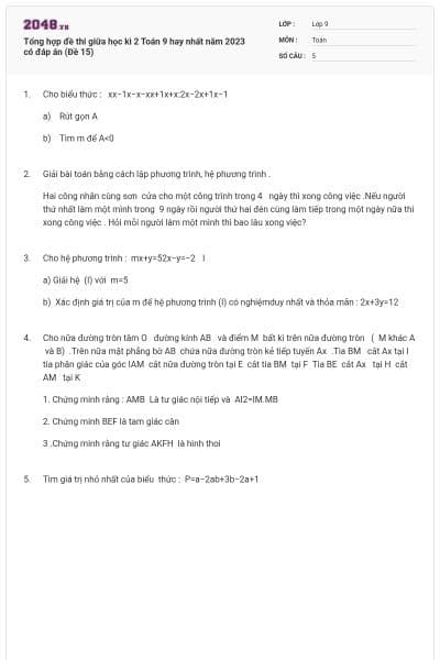 Tổng hợp đề thi giữa học kì 2 Toán 9 hay nhất năm 2023 có đáp án (Đề 15)