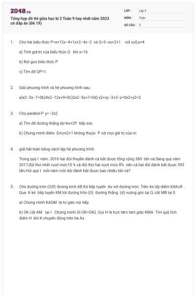 Tổng hợp đề thi giữa học kì 2 Toán 9 hay nhất năm 2023 có đáp án (Đề 19)