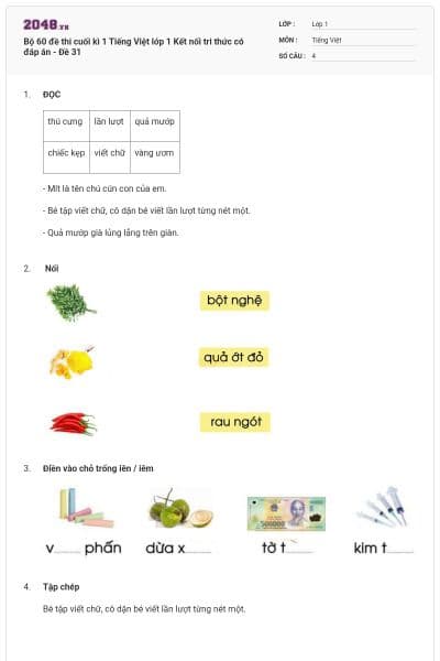 Bộ 60 đề thi cuối kì 1 Tiếng Việt lớp 1 Kết nối tri thức có đáp án - Đề 31