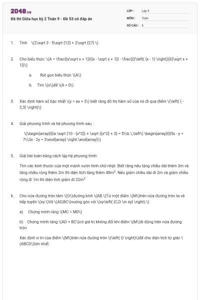 Đề thi Giữa học kỳ 2 Toán 9 - Đề 53 có đáp án