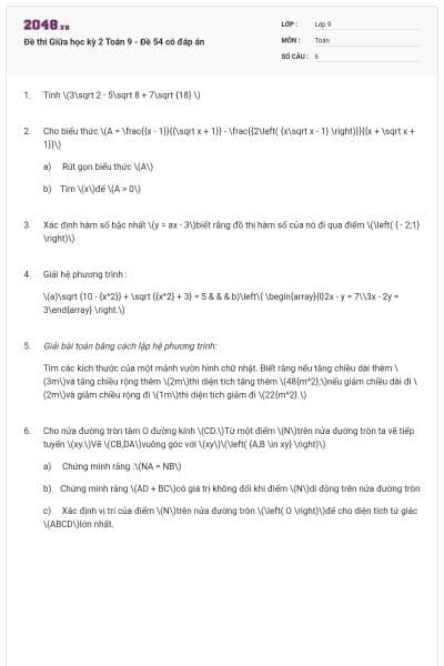 Đề thi Giữa học kỳ 2 Toán 9 - Đề 54 có đáp án
