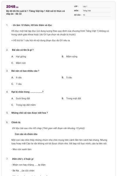 Bộ 60 đề thi cuối kì 1 Tiếng Việt lớp 1 Kết nối tri thức có đáp án - Đề 32