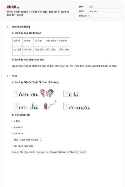 Bộ 60 đề thi cuối kì 1 Tiếng Việt lớp 1 Kết nối tri thức có đáp án - Đề 33