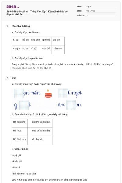 Bộ 60 đề thi cuối kì 1 Tiếng Việt lớp 1 Kết nối tri thức có đáp án - Đề 34