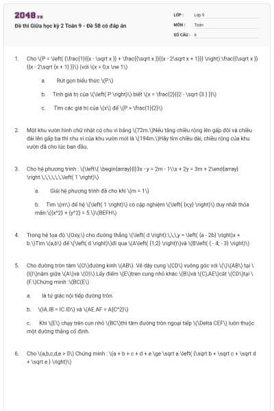 Đề thi Giữa học kỳ 2 Toán 9 - Đề 58 có đáp án