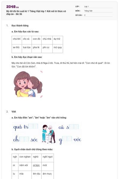 Bộ 60 đề thi cuối kì 1 Tiếng Việt lớp 1 Kết nối tri thức có đáp án - Đề 36