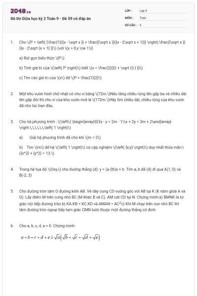 Đề thi Giữa học kỳ 2 Toán 9 - Đề 59 có đáp án