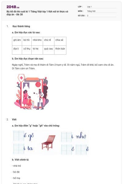 Bộ 60 đề thi cuối kì 1 Tiếng Việt lớp 1 Kết nối tri thức có đáp án - Đề 38