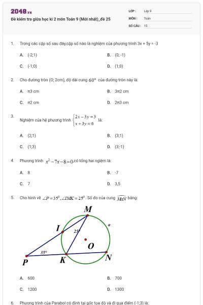 Đề kiểm tra giữa học kì 2 môn Toán 9 (Mới nhất)_đề 25