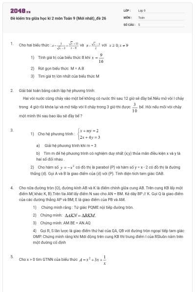 Đề kiểm tra giữa học kì 2 môn Toán 9 (Mới nhất)_đề 26