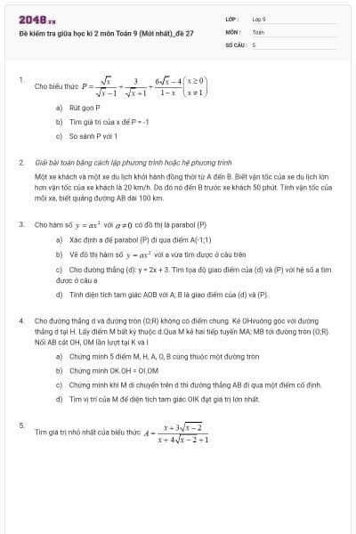 Đề kiểm tra giữa học kì 2 môn Toán 9 (Mới nhất)_đề 27