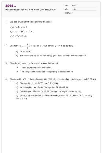 Đề kiểm tra giữa học kì 2 môn Toán 9 (Mới nhất)_đề 29