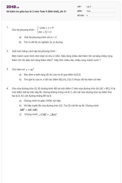 Đề kiểm tra giữa học kì 2 môn Toán 9 (Mới nhất)_đề 31