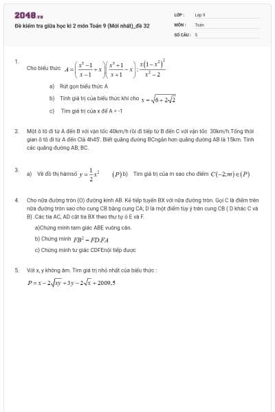 Đề kiểm tra giữa học kì 2 môn Toán 9 (Mới nhất)_đề 32