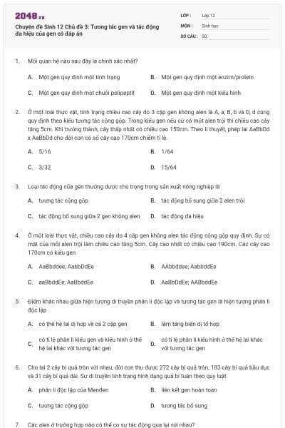 Chuyên đề Sinh 12 Chủ đề 3: Tương tác gen và tác động đa hiệu của gen có đáp án