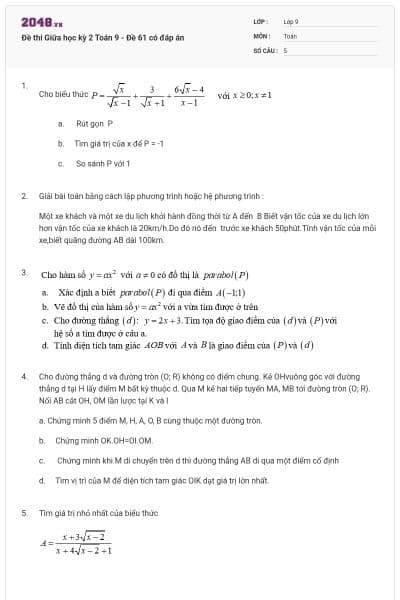 Đề thi Giữa học kỳ 2 Toán 9 - Đề 61 có đáp án