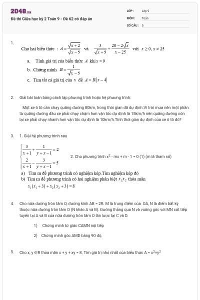 Đề thi Giữa học kỳ 2 Toán 9 - Đề 62 có đáp án