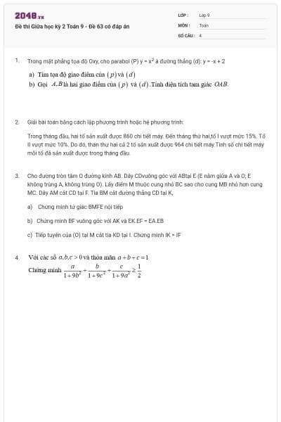 Đề thi Giữa học kỳ 2 Toán 9 - Đề 63 có đáp án